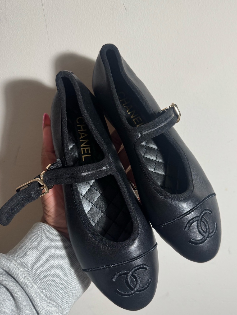 Chanel CC Logo Lambskin Mary Jane Flats Size 37C
